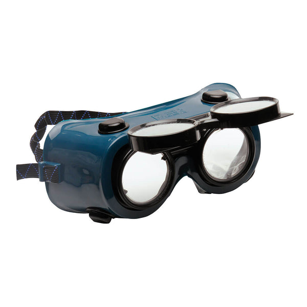 A pair of Portwest gas welding goggles (PW60) with a flip-up dark green lens.