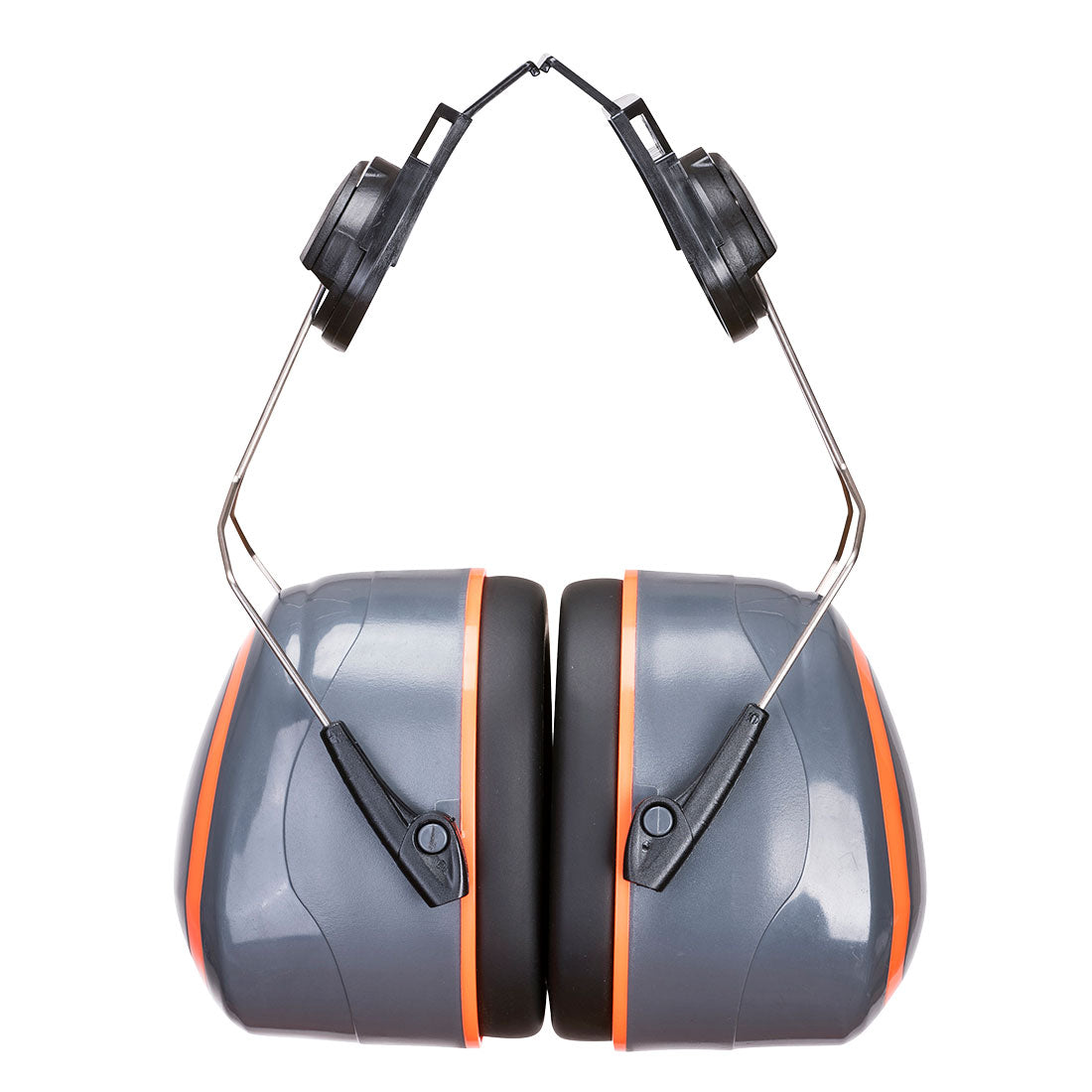 Orange Portwest HV Extreme helmet-mounted ear muffs (PW62) attached to a hard hat.