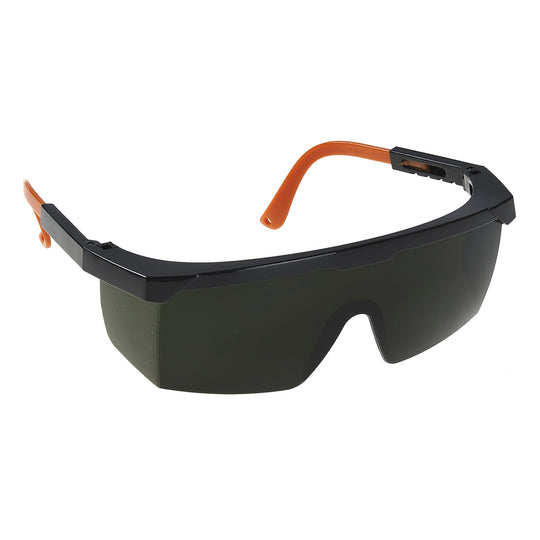 Portwest welding safety spectacles (PW68) with dark green lenses and side shields.