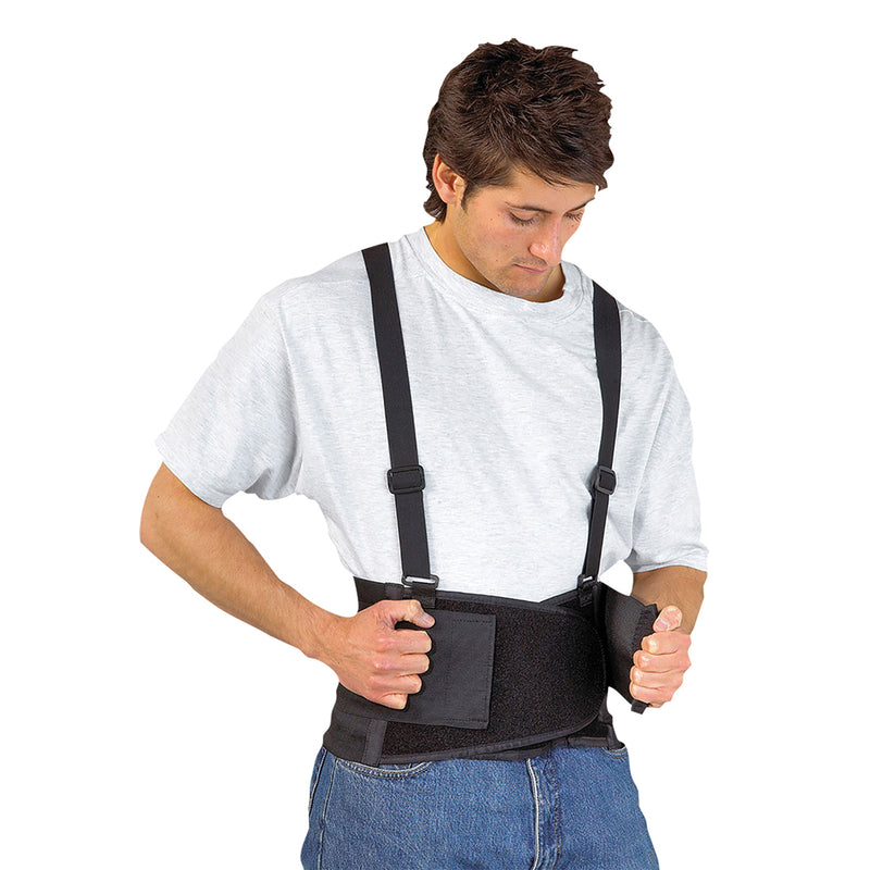A black Portwest back support belt (PW80) with wide adjustable straps for lumbar support.