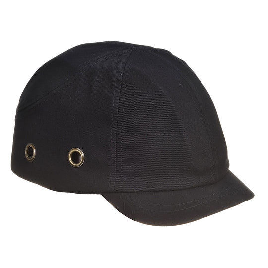 A black Portwest bump cap (PW89) with a micro peak for an unobstructed upward view.