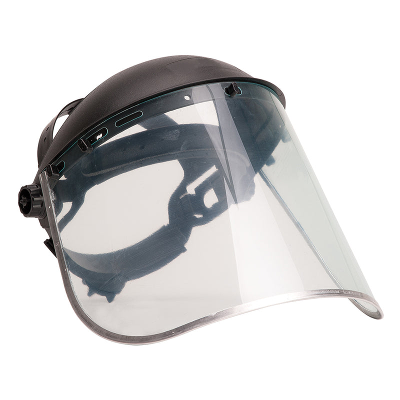 A Portwest Face Shield Plus (PW96) with a clear polycarbonate lens and padded headband.
