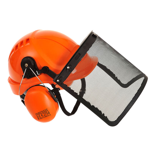 An orange Portwest Forestry Combi Kit (PW98) including a helmet, visor, and ear muffs.