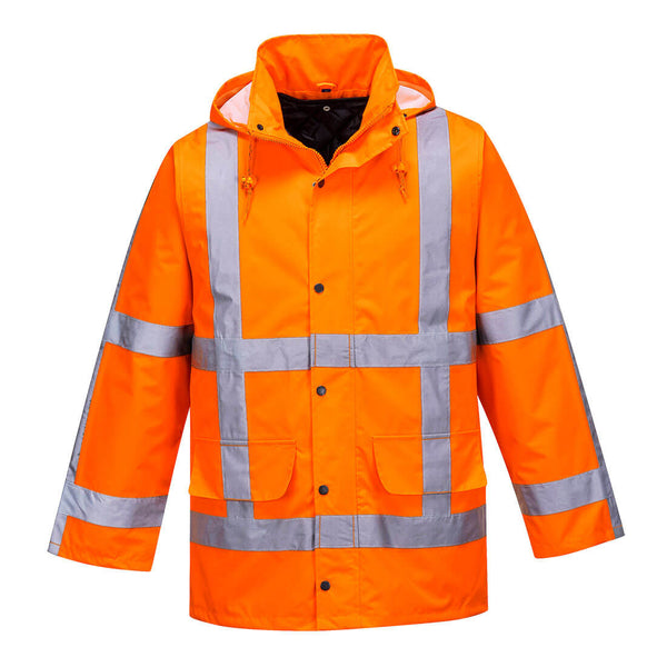 Front view of the Portwest RWS Hi-Vis winter traffic jacket in orange.