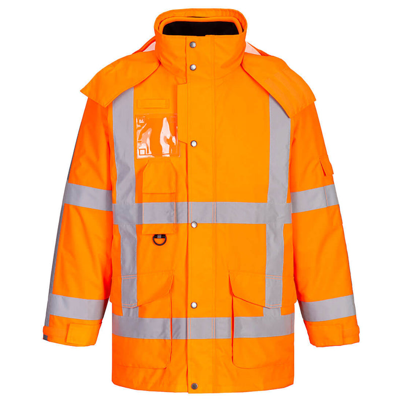 Front view of the Portwest RWS Hi-Vis Long Sleeved winter traffic jacket in orange.