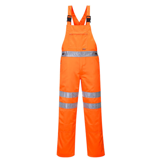 Portwest Hi-Vis Poly-Cotton Service Bib and Brace (RT43) in bright orange with reflective stripes.