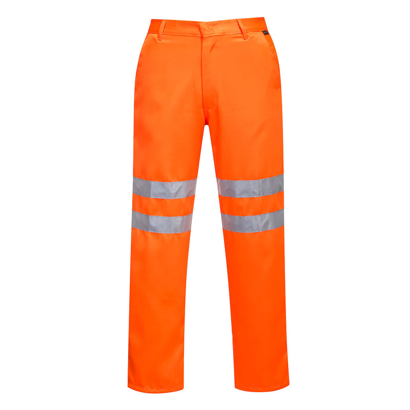  orange work trousers with dual reflective silver bands on each leg for safety.
