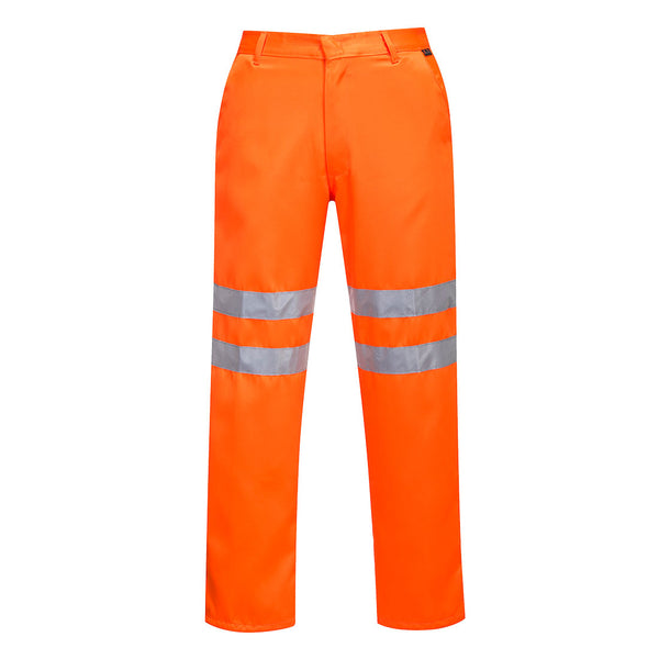  orange work trousers with dual reflective silver bands on each leg for safety.
