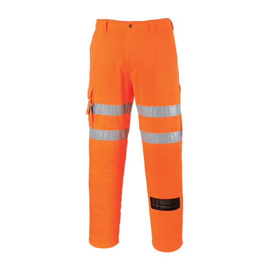 Orange hi-vis cargo work trousers with reflective tape and black knee patch for added visibility.