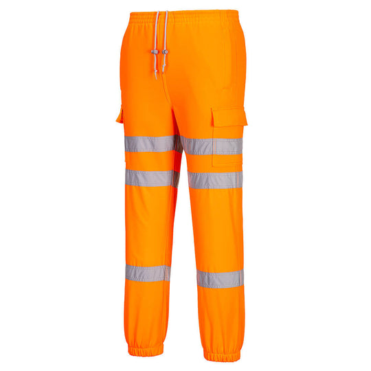 Orange hi-vis jogger-style trousers with cargo pockets, reflective bands, and elastic cuffs.