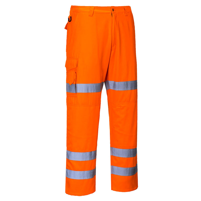 Hi-vis orange work trousers with reflective tape, side cargo pocket, and belt loops for safety gear.