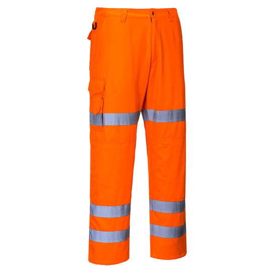 Hi-vis orange work trousers with reflective tape, side cargo pocket, and belt loops for safety gear.