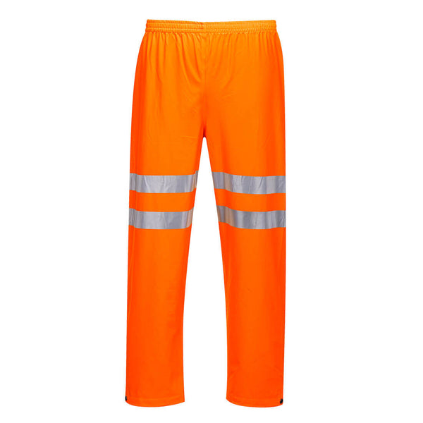 Hi-vis orange safety trousers with elastic waist and dual reflective bands around each leg.