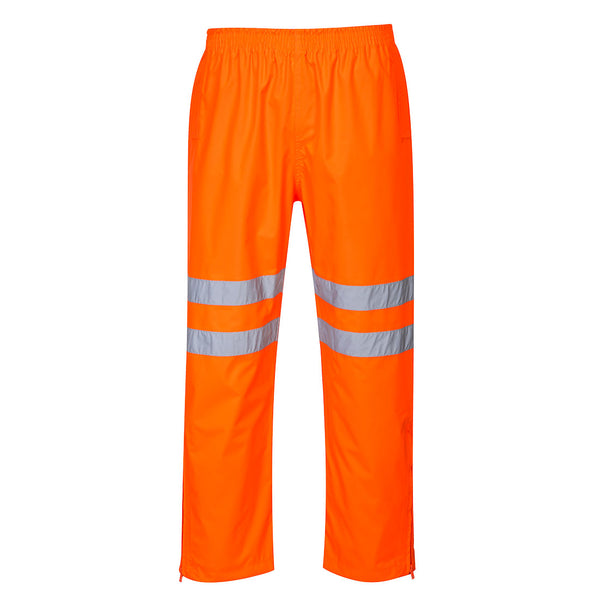 Bright orange hi-vis trousers with elastic waistband and dual reflective tape bands on each leg.