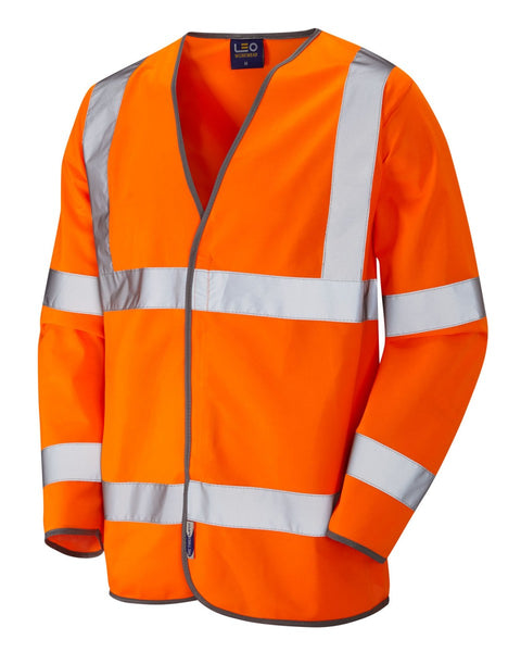 Bright orange long-sleeve high-visibility waistcoat with front fasteners and reflective stripes