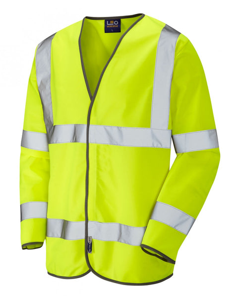 Yellow long-sleeve high-visibility vest featuring front closures and horizontal reflective bands