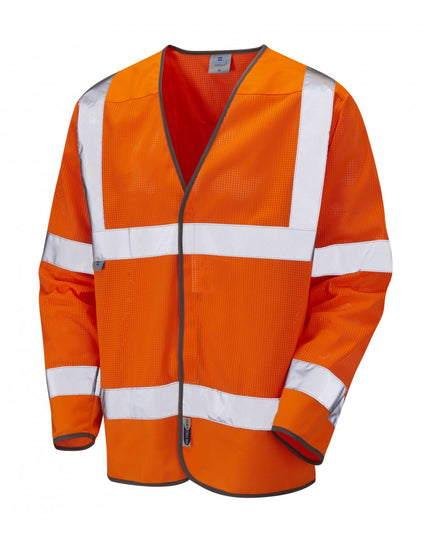 Orange hi-vis short sleeve polo shirt with dark collar and reflective bands, front view