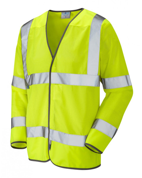 Yellow hi-vis short sleeve polo shirt with dark collar and reflective bands, front view