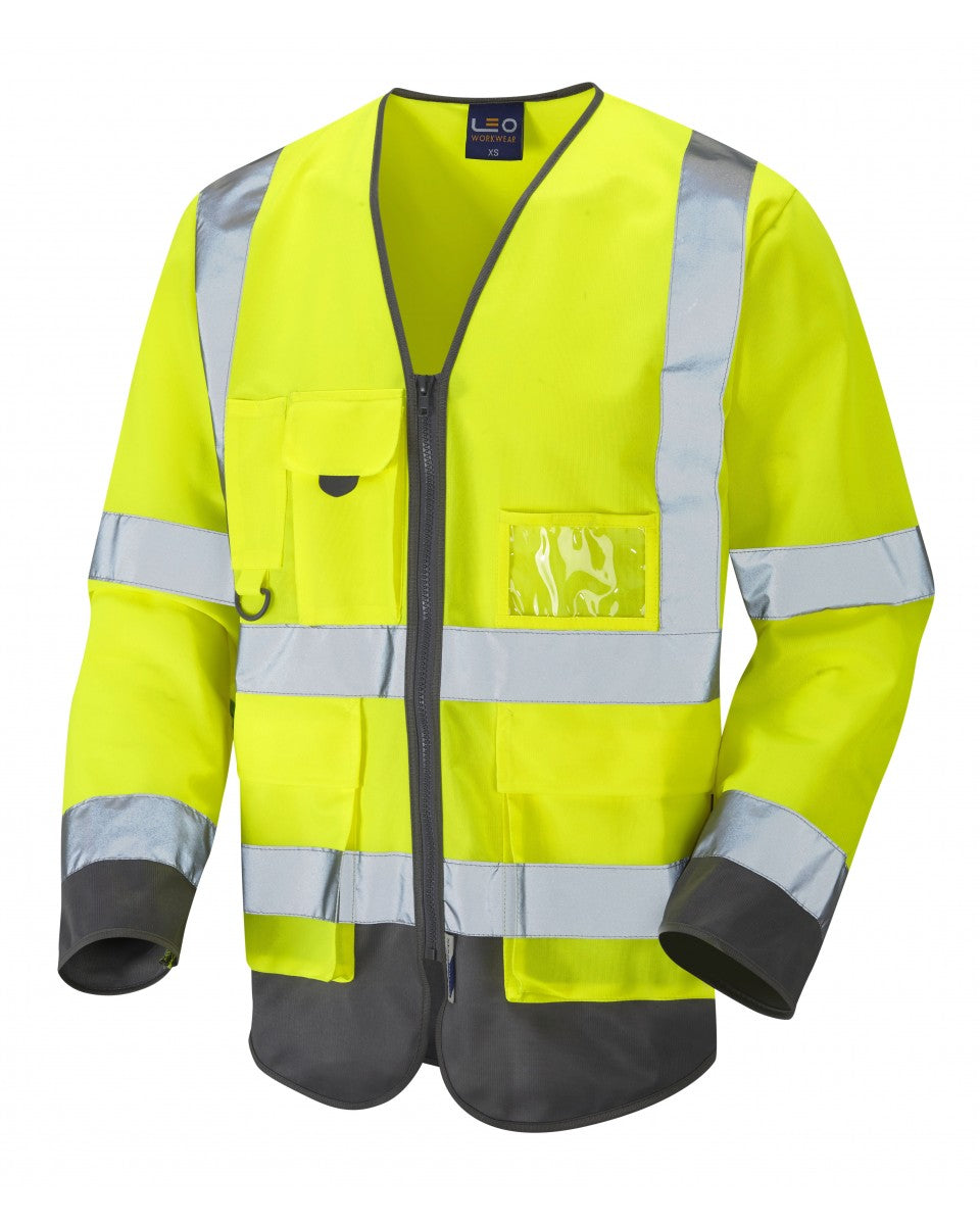 Leo Workwear Wrafton Iso 20471 Cl 3 Superior Sleeved Vest - HV Yellow/Grey