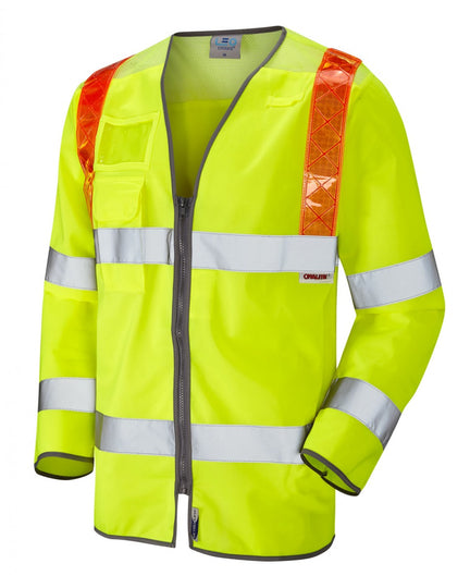 Yellow hi-vis long sleeve polo shirt with dark collar and reflective bands, front view