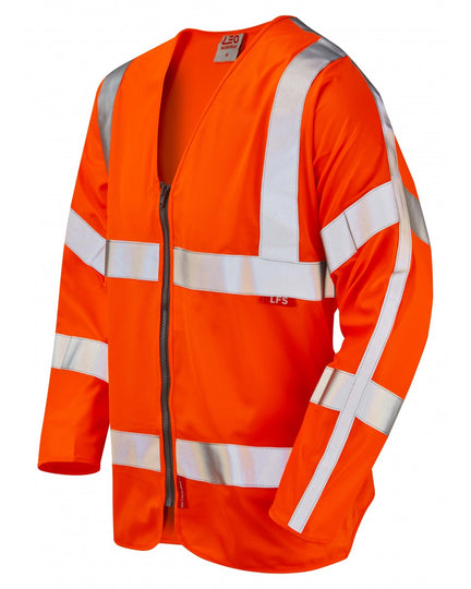 Orange hi-vis vest with reflective stripes and dark trim, front view