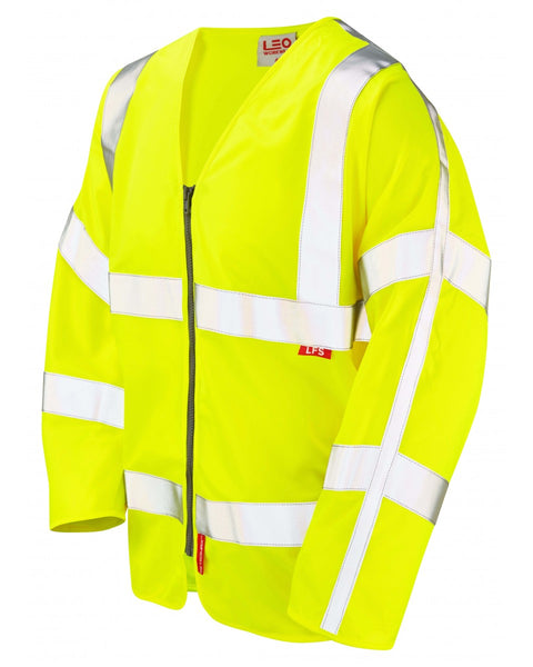 Yellow hi-vis vest with reflective stripes and dark trim, front view