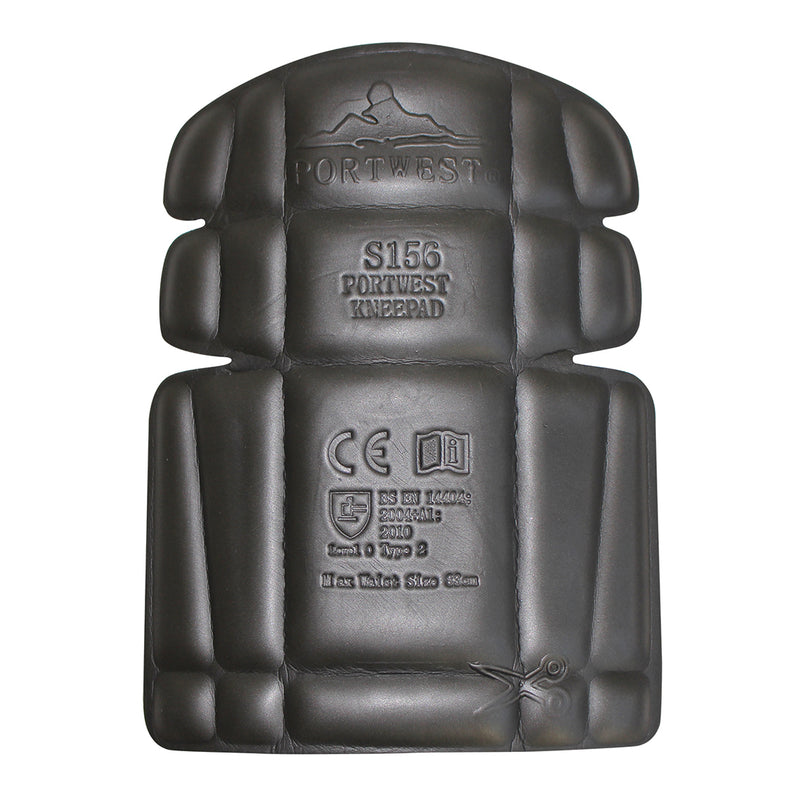 A black, ergonomically shaped Portwest knee pad insert (S156) for work trousers.