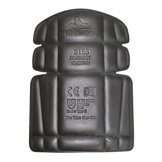 A black, ergonomically shaped Portwest knee pad insert (S156) for work trousers.