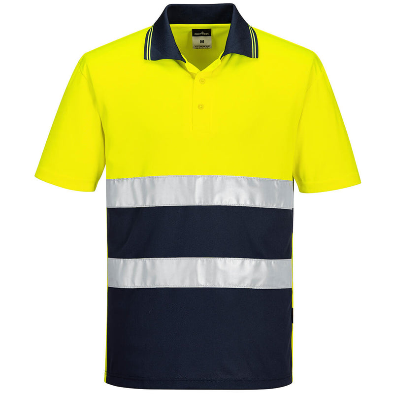Front view of the Portwest S175 hi-vis polo shirt in yellow and navy blue.
