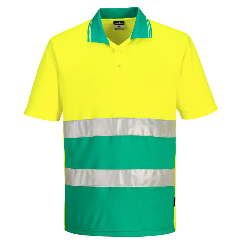 Front view of the Portwest S175 hi-vis polo shirt in yellow and royal blue.