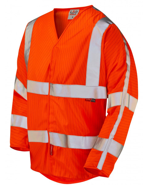 Leo Workwear Sticklepath hi-vis orange shirt with flame retardant and anti-static qualities.