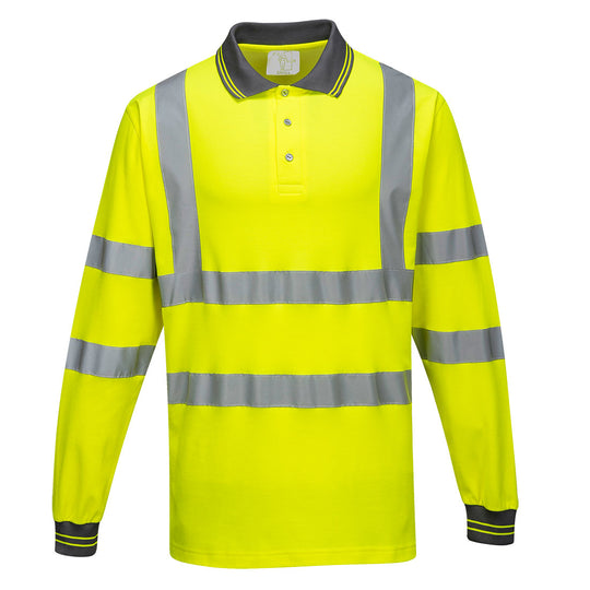 Portwest Hi-Vis Cotton Comfort Long Sleeve Polo Shirt in Yellow