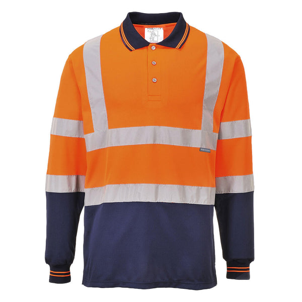 Portwest Hi-Vis Contrast Long Sleeve Polo Shirt in Orange/Navy