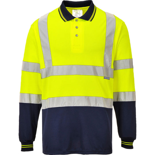 Portwest Hi-Vis Contrast Long Sleeve Polo Shirt in Yellow/Navy
