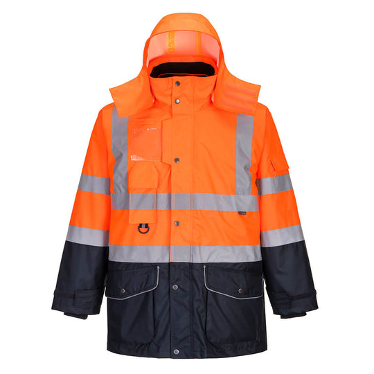 Portwest Hi-Vis Breathable 7-in-1 Contrast Traffic Jacket in Orange/Navy
