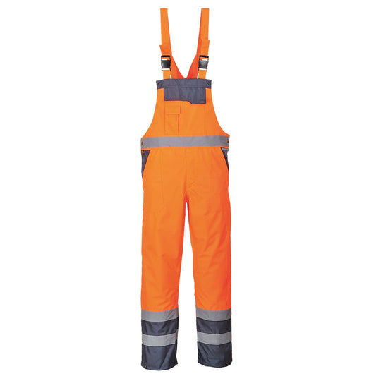 Portwest Hi-Vis Rain Bib and Brace (S488) in orange and navy for breathable, waterproof safety.