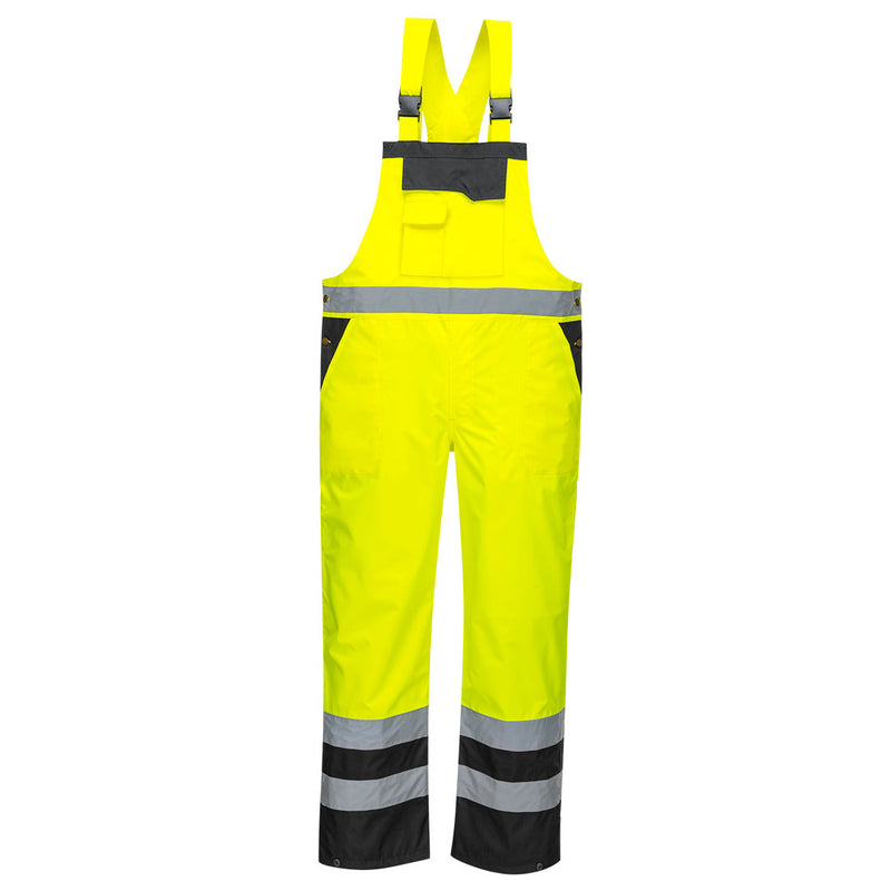 Portwest Hi-Vis Rain Bib and Brace (S488) in yellow and black, offering contrast and high visibility.