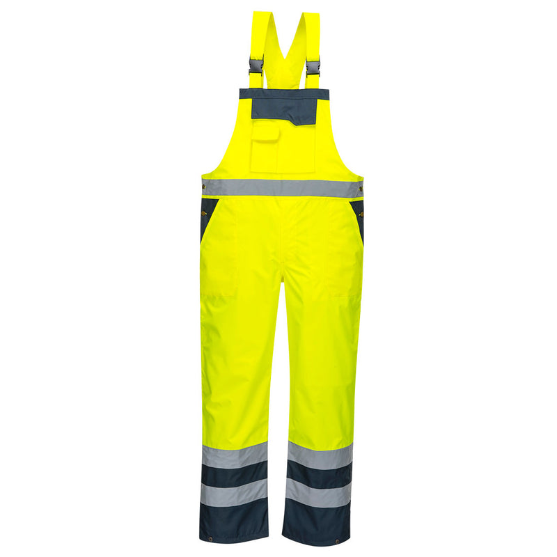 Portwest Hi-Vis Rain Bib and Brace (S488) in yellow and navy for breathable, waterproof protection.