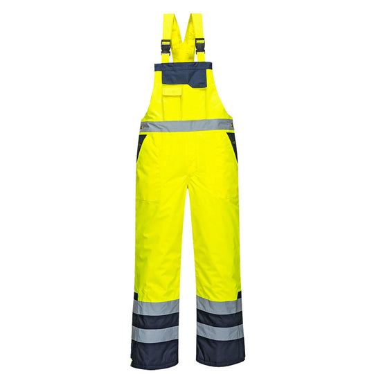 Portwest Hi-Vis Winter Bib and Brace (S489) in yellow and navy, designed for warmth and safety.