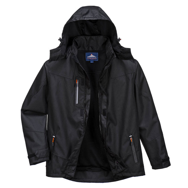 Black Portwest Outcoach Jacket S555 made with waterproof shell and storm guard flap