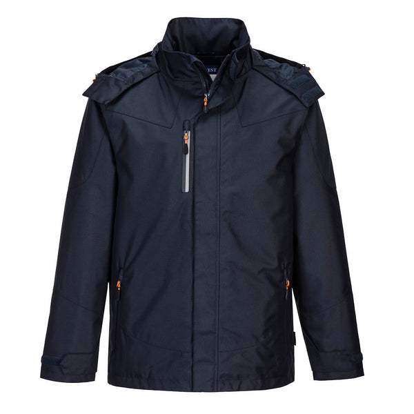 Navy Portwest Outcoach Jacket S555 with mesh lining and foldaway hood for rain protection
