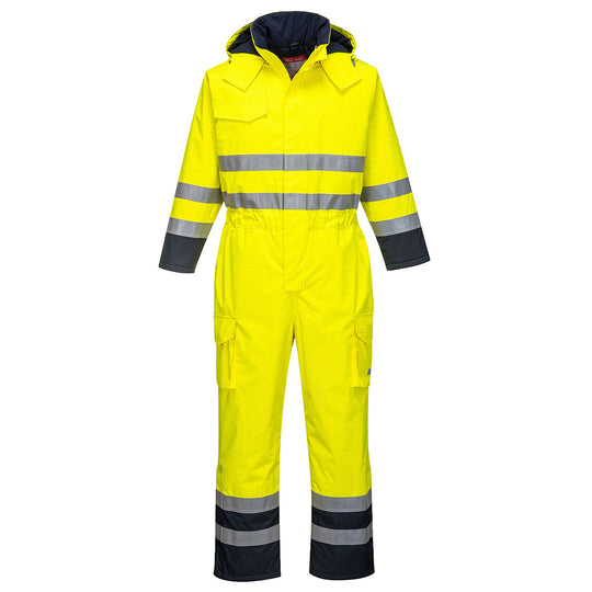 Portwest hi‑vis multi coverall in yellow and navy with reflective tape