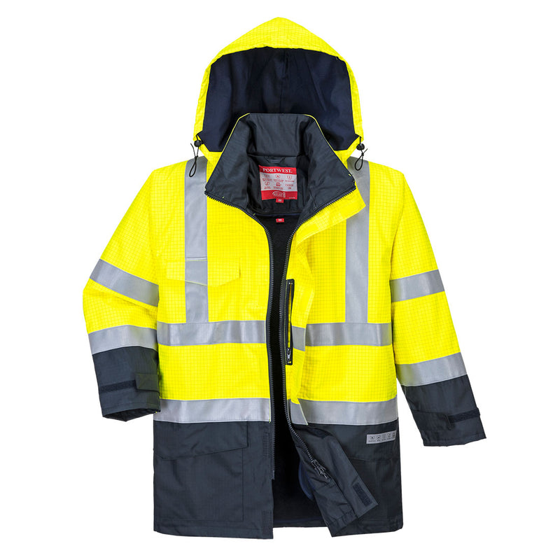 Portwest hi‑vis rain jacket in yellow and navy with storm‑flap front