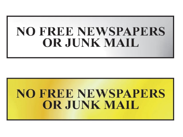 Scan No Free Newspapers Or Junk Mail Sign - Polished Chrome and Brass Effect 200 x 50mm