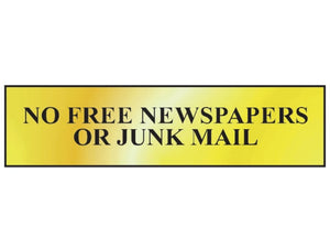 Scan No Free Newspapers Or Junk Mail Sign - Polished Brass Effect 200 x 50mm