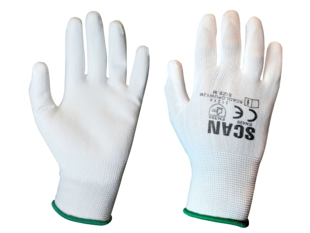 Scan White PU Coated Gloves  - M (Size 8) (Pack 12)