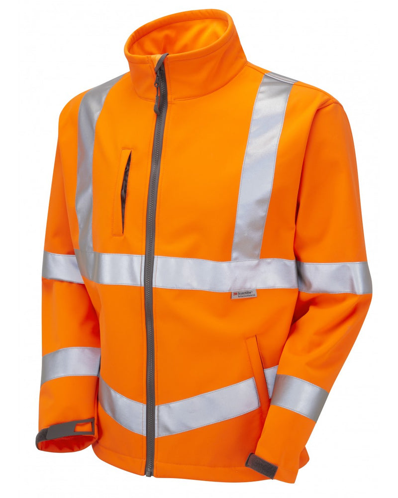 Leo Workwear Buckland softshell jacket in hi-vis orange.