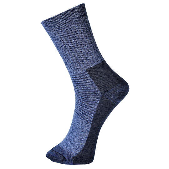 Navy blue thermal sock with thick knit for warmth in cold working conditions.