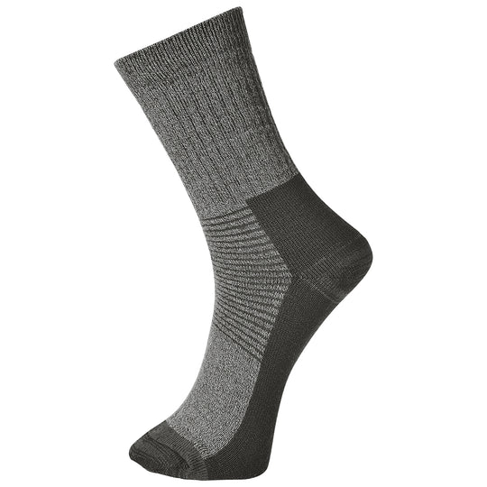 Grey thermal sock designed for insulation and comfort during low-temperature activities.