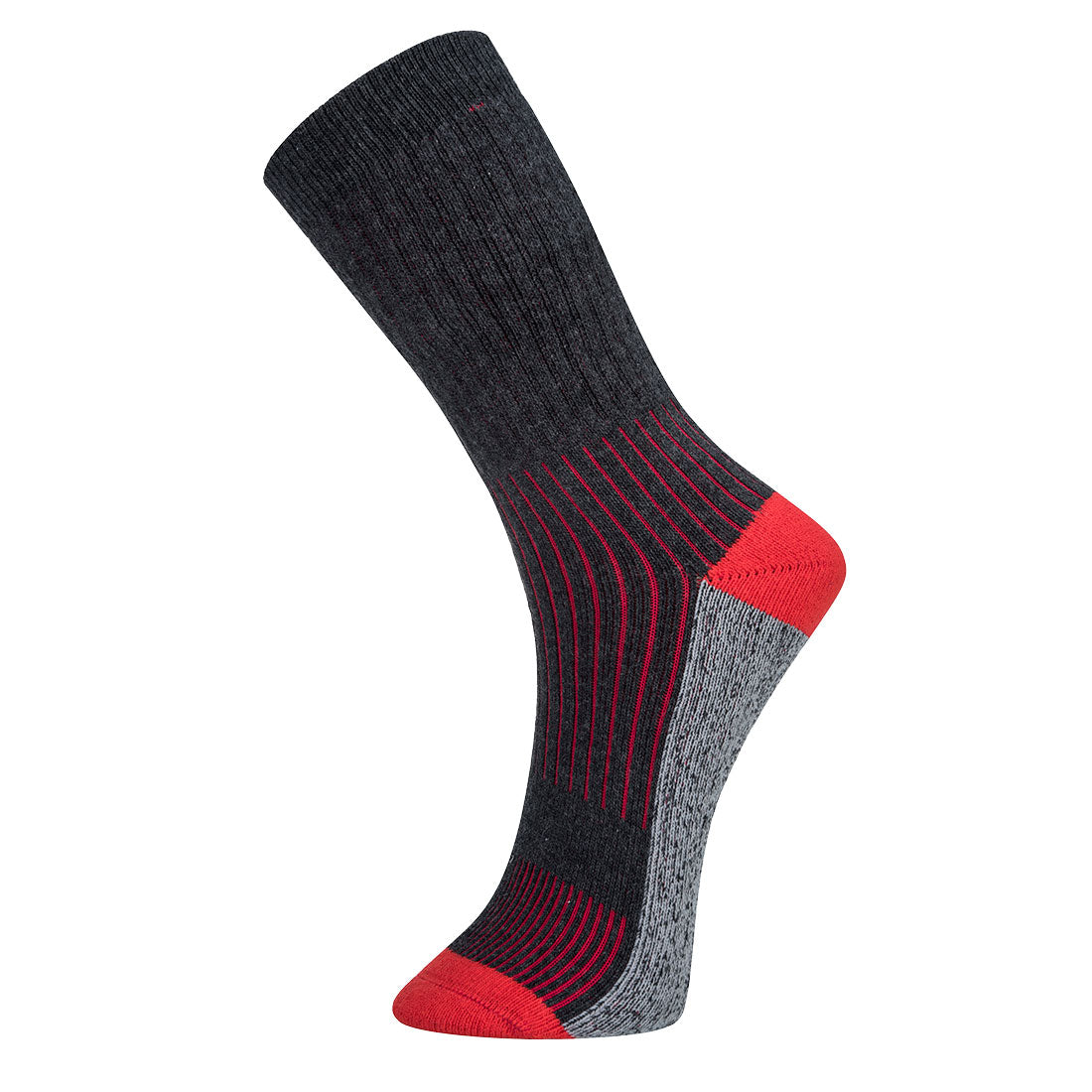 Black hiker sock with ribbed design and reinforced toe for outdoor and work use.